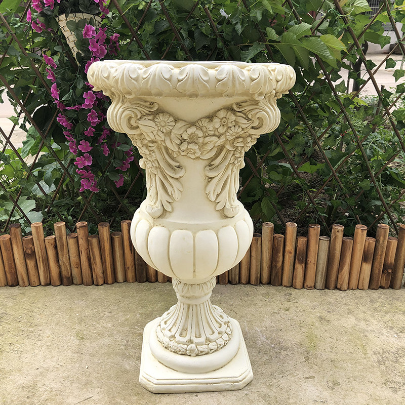 欧式复古高脚浮雕花纹口径罗马花盆庭院花园商场酒店装饰摆件户外