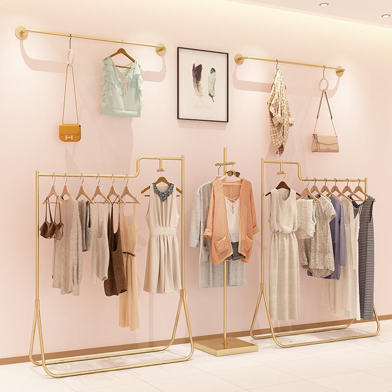 服装店展示架金色挂衣架落地式衣服架子侧挂架女装陈列架正挂