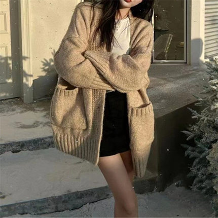 2023秋冬新款宽松休闲毛衣女外套女韩版软糯慵懒风厚V领针织开衫