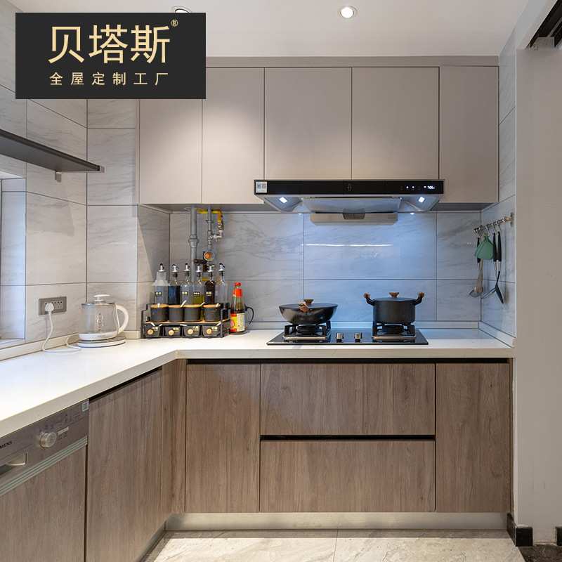 爱格板全屋现代简约橱柜定制石英石灶台厨房家具整体L型定做图片