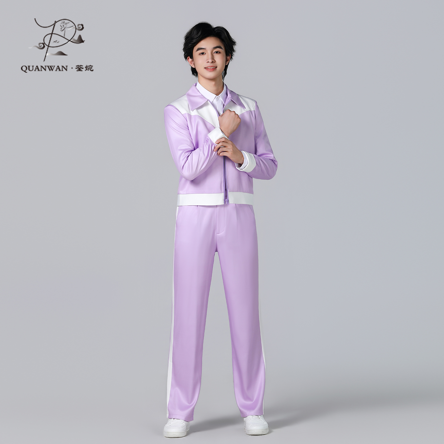 荃婉湾区升明月现代舞演出服男紫色套装青春活力舞台装定制出租