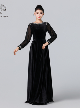荃婉黑色丝绒长袖指挥服晚礼服女舞台演出服名媛气质长裙出租定制