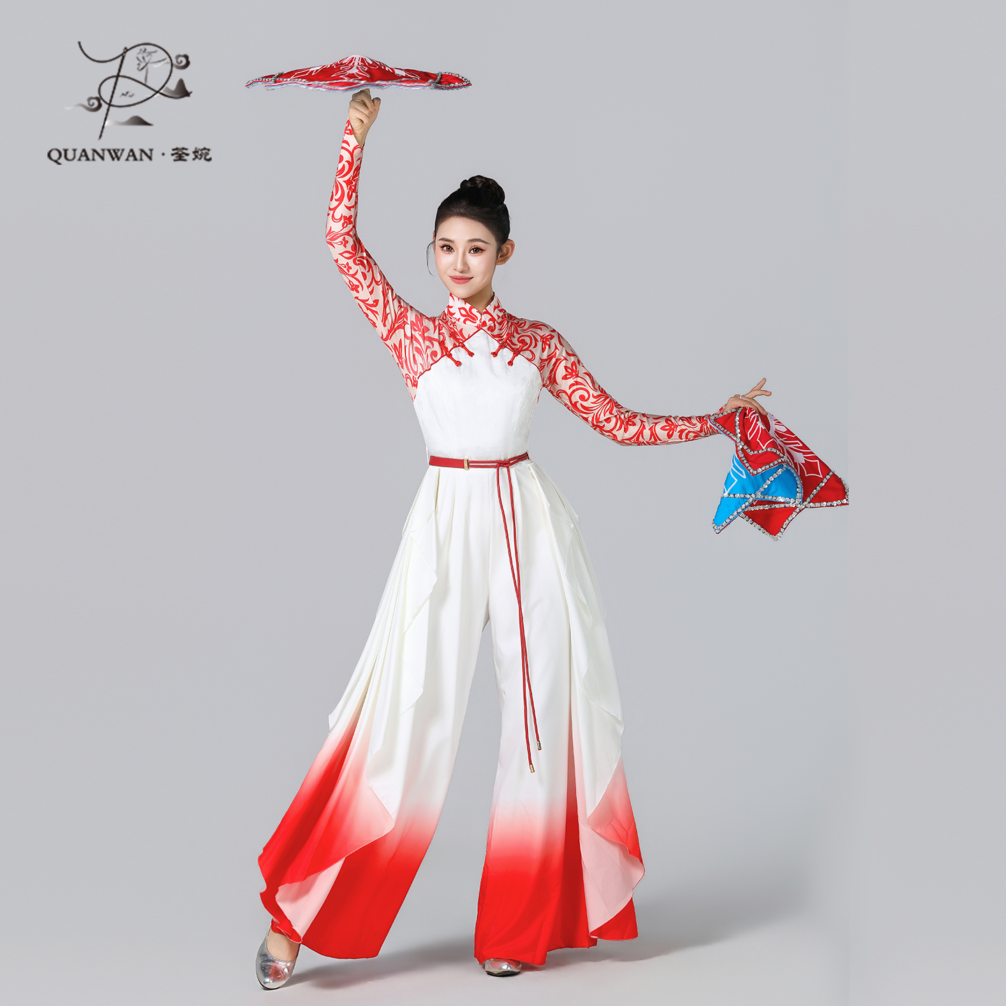 荃婉北宋风剪纸姑娘古典舞演出服女红白渐变长袖群舞舞蹈服定制