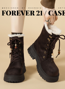 F21厚底雪地靴女款2025新款冬季加绒加厚皮毛一体保暖时尚马丁靴