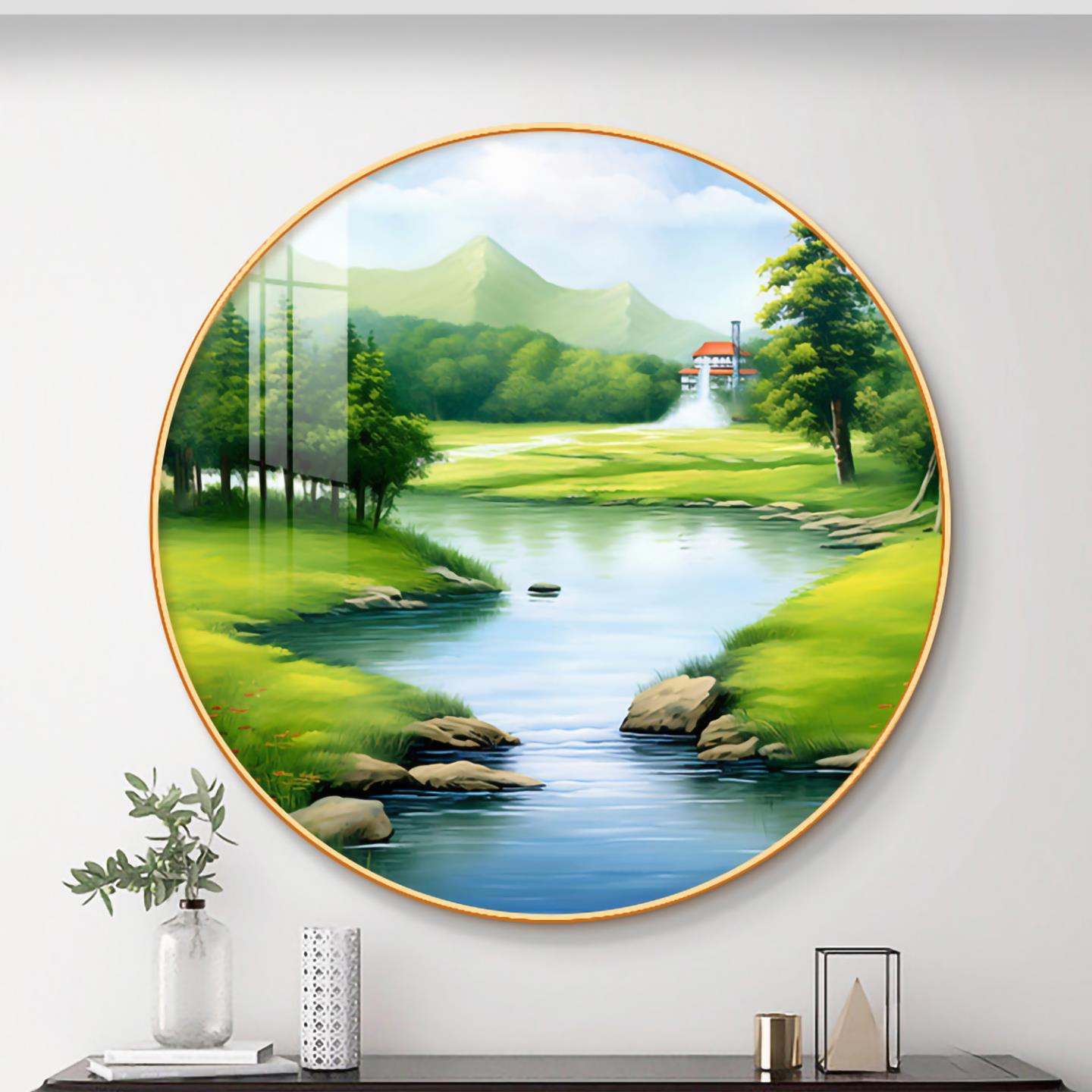 源远流长圆形入户玄关装饰画山水风景挂画高档青山图走廊过道壁画