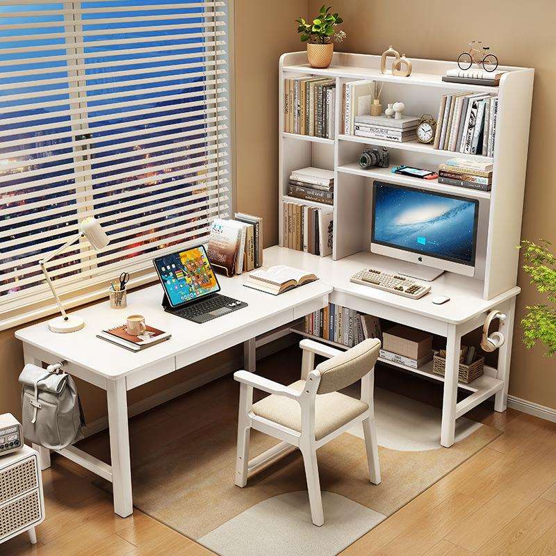 实木转角书桌书架一体学生家用书柜组合学习桌卧室L型拐角电