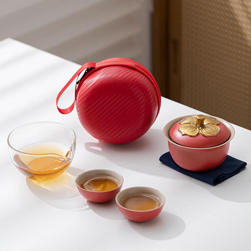 旅行茶具套装便携式玻璃快客杯一壶二杯户外露营随身陶瓷盖碗茶杯