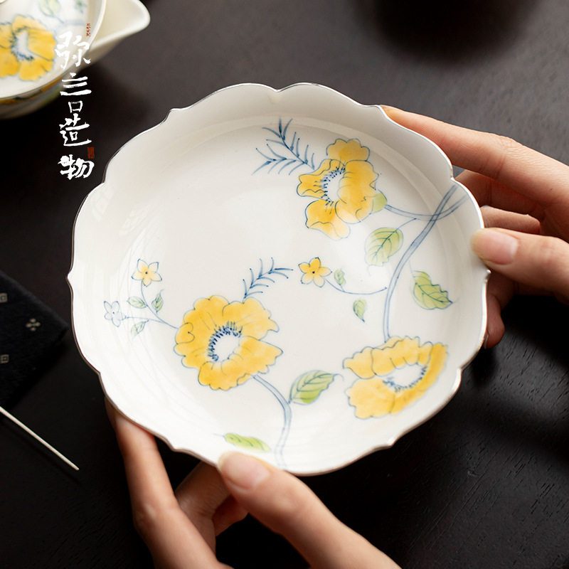 弥言纯手绘牵牛花壶承手工白瓷花口干泡盘描金高档茶道配件茶点盘