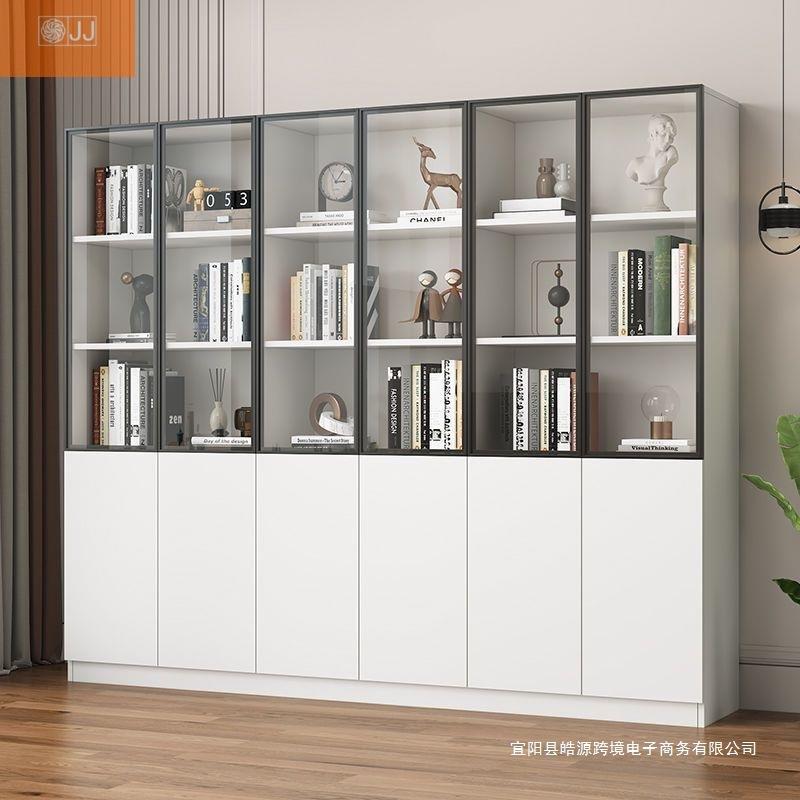 书柜书架实木组合带玻璃门落地简约现代客厅储物书橱办公文件柜子