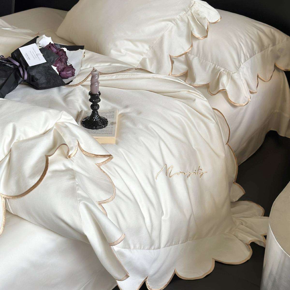 100支贡缎全棉四件套法式唯美少女民宿风花边刺绣澳棉床单被套