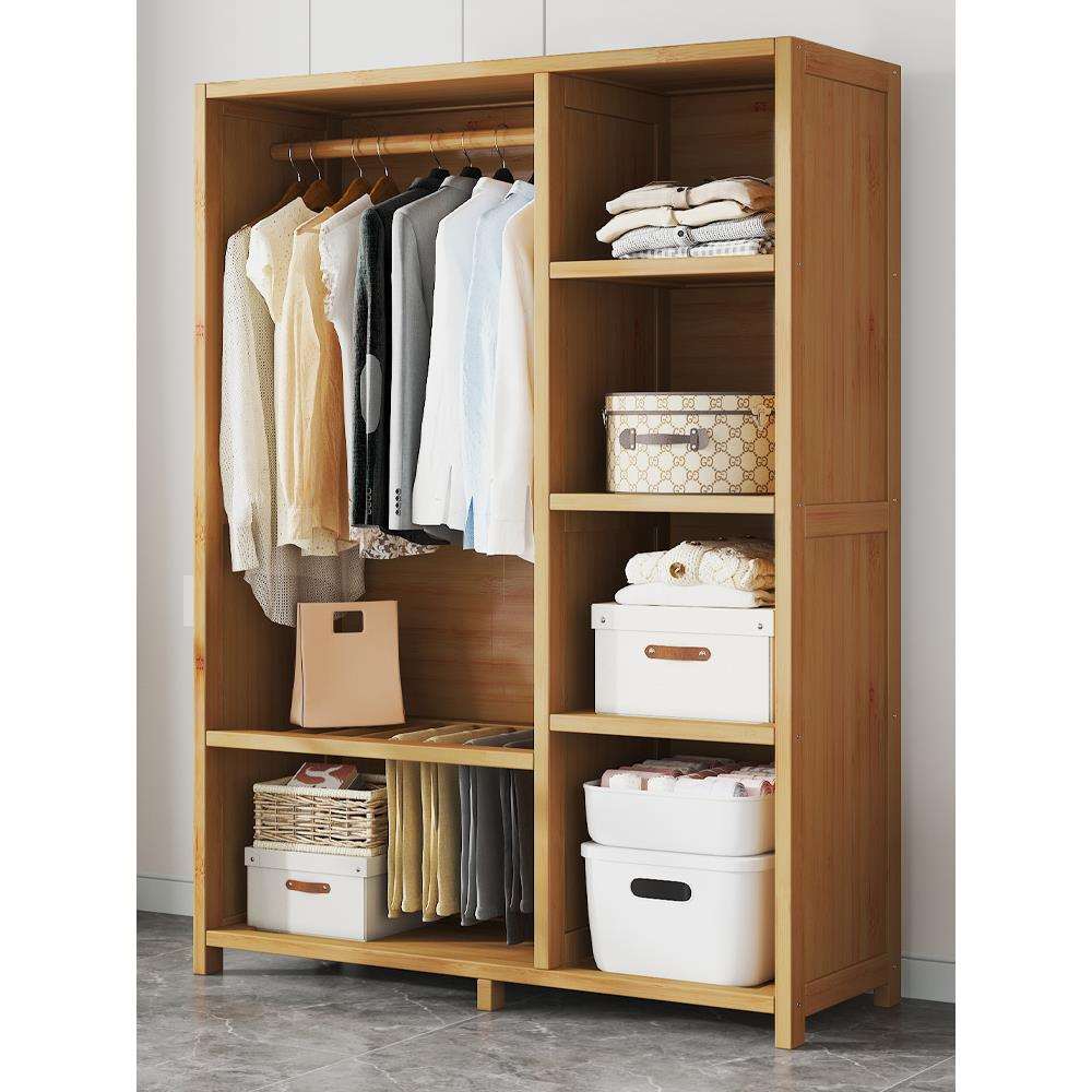 简易布帘衣柜家用卧室出租房防尘实木收纳无门衣橱结实耐用大容量