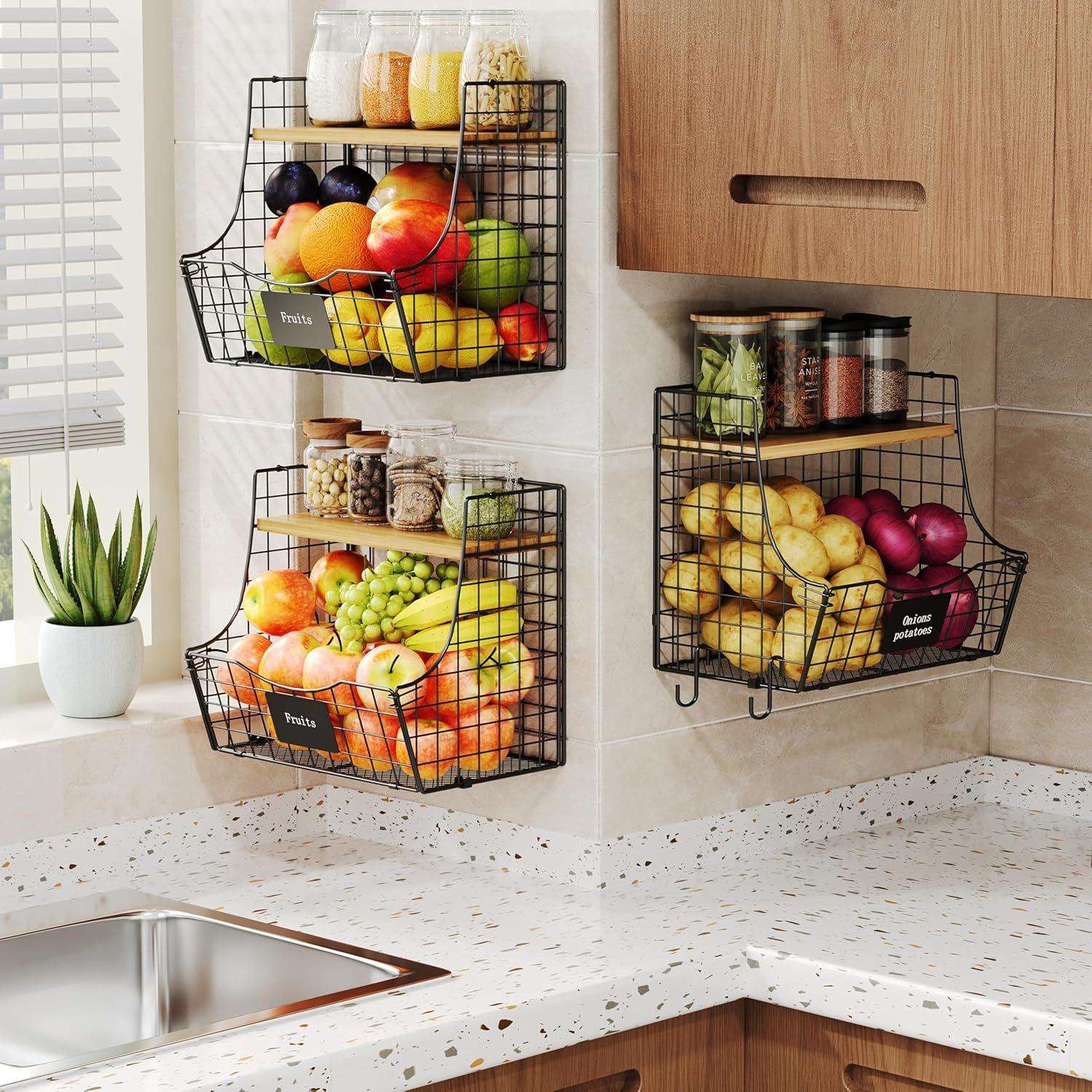 厨房置物架带木板挂篮可折叠水果收纳篮家用挂壁式铁艺篮子可堆叠