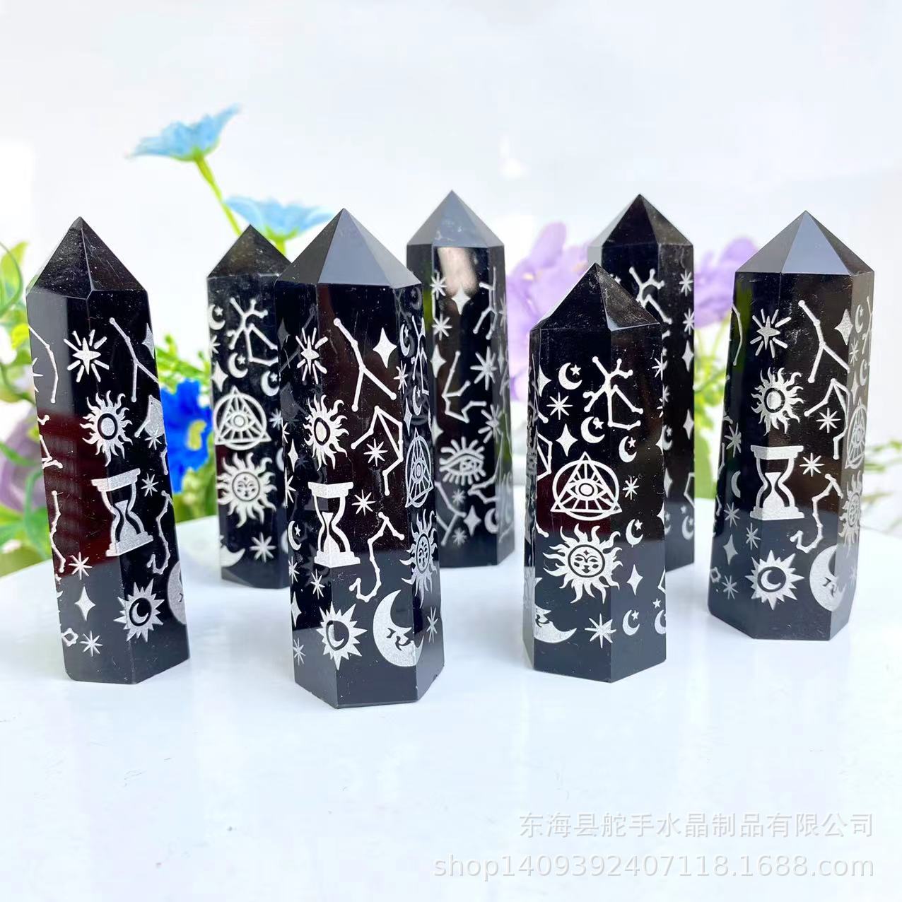 天然黑曜石柱单尖六棱柱原石切割打磨摆件家居客厅办公室刻字饰品