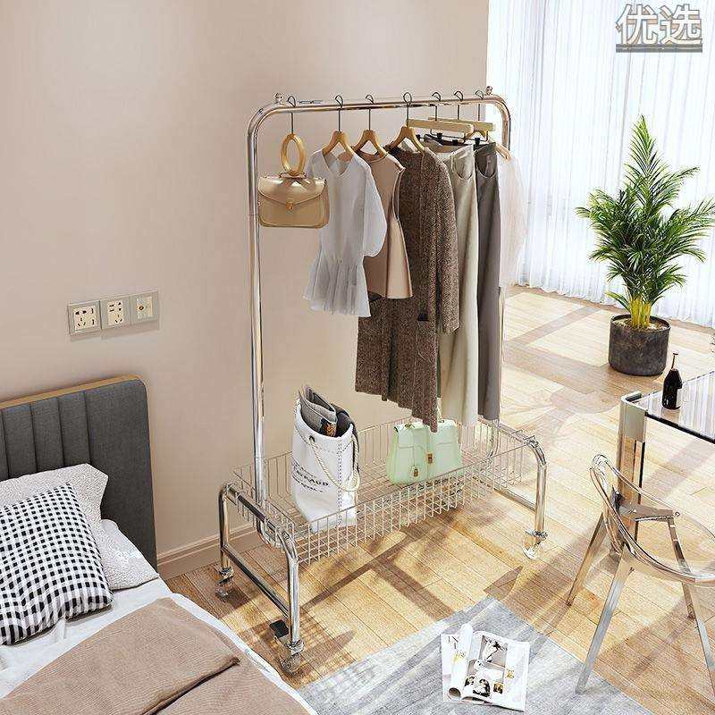 落地挂衣架移动多功能收纳架子服装店架卧室带篮置物架加厚型