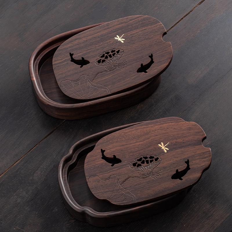 黑檀木实木茶盘一体成型荷塘月色小型黑檀实木长方形储水干泡茶台