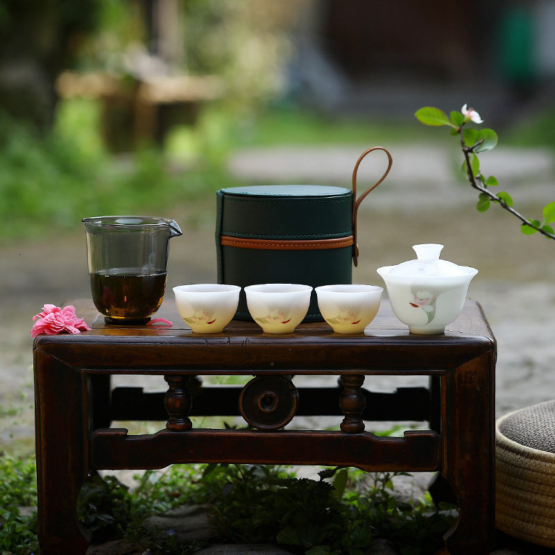德化冰晶玉瓷高透白泥旅行茶具一盖碗三杯一公杯便携小号
