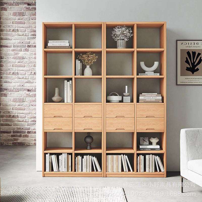 纯实木书架落地置物架客厅简约现代玄关柜展示架多层格子书柜