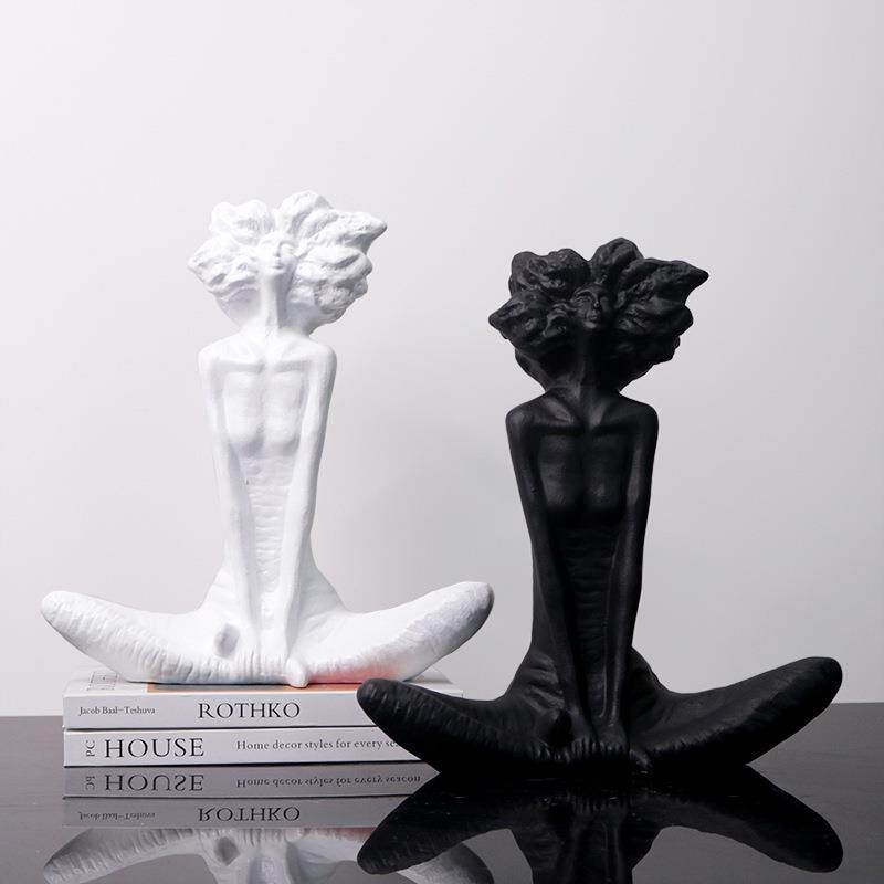 简约黑白仰望少女树脂工艺品家居装饰样板房玄关创意人物艺术品