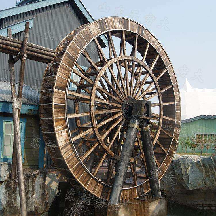 大型钢木结构水车流水摆件庭院乡村美陈装置景观子母旋转筒车