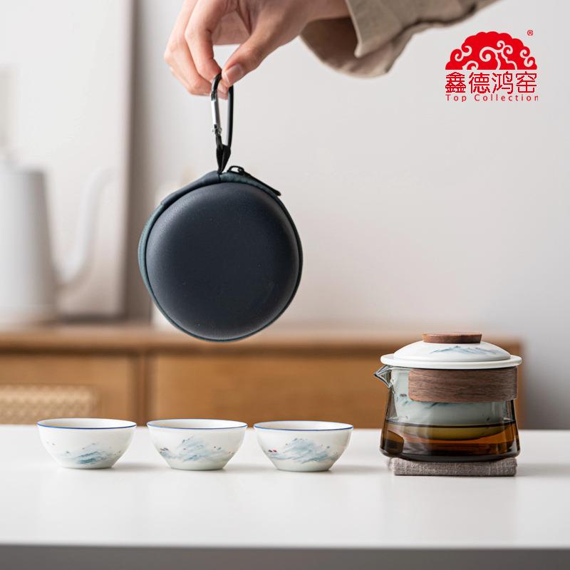 鑫德鸿窑影青手绘山水悠然快客旅行茶具便携户外泡茶车载玻璃茶壶