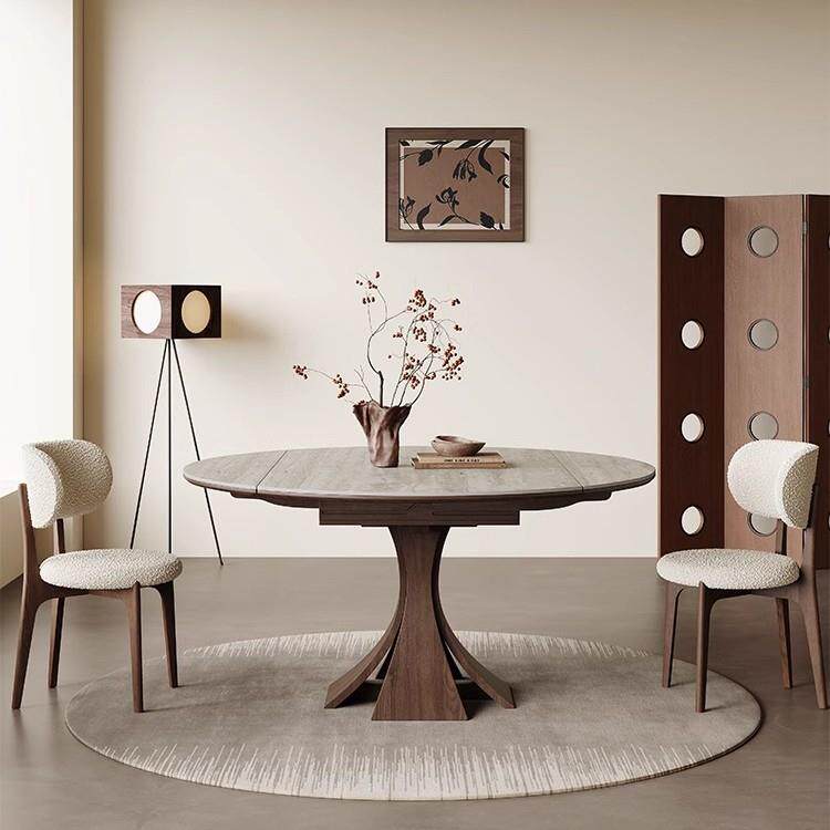 实木伸缩餐桌长方形可变圆桌轻奢高端胡桃色设计师款洞石岩板餐桌