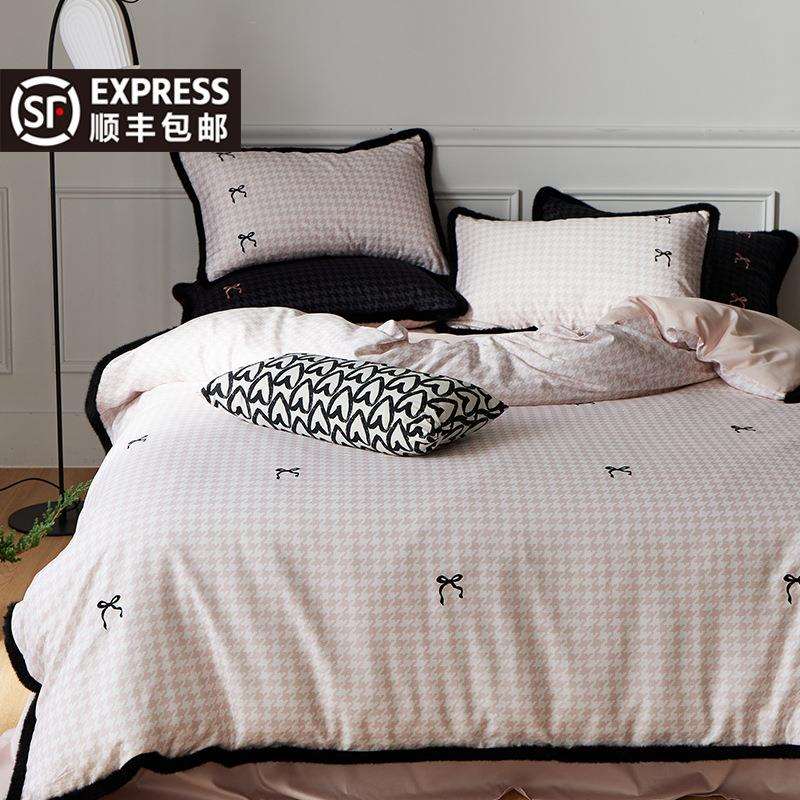 文艺蝴蝶结A类100支长绒棉磨毛公主风四件套全棉纯棉加厚床单被套