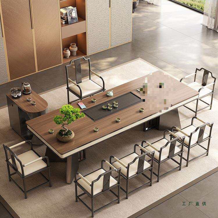 2025年新款木纹岩板大板茶桌椅组合一桌五椅新中式茶台办公室一体