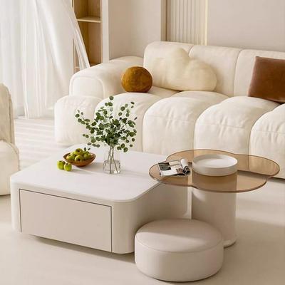 奶油风方形岩板茶几小户型简约轻奢花朵玻璃边几客厅家用茶几组合