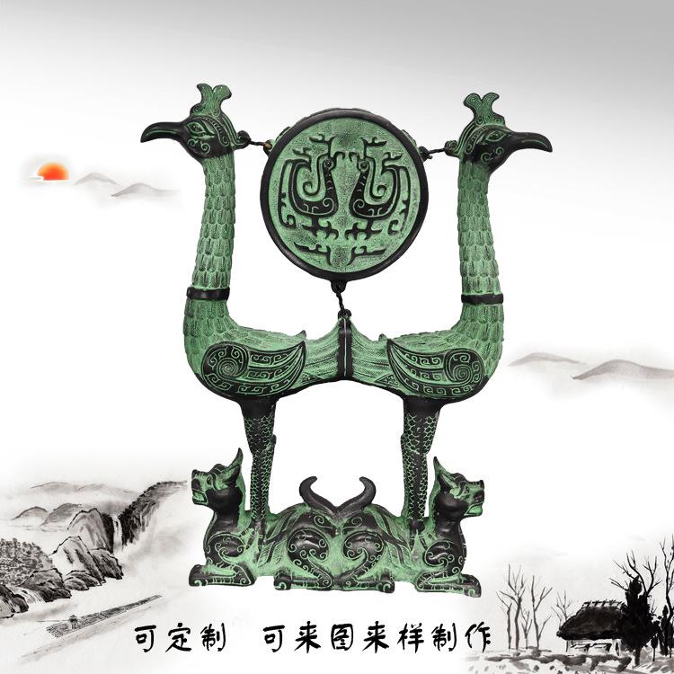 青铜战国虎座凤架鼓仿古青铜器古代乐器双鸟鼓架凤鼓影视道具