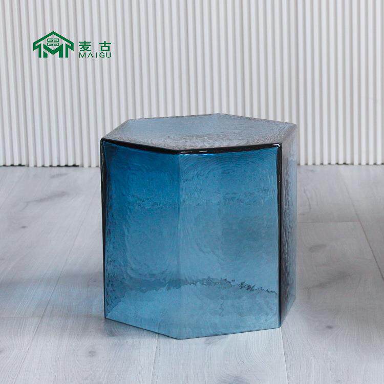 麦古北欧简约个性创意六角冰蓝玻璃茶几客厅自由组合彩色边几