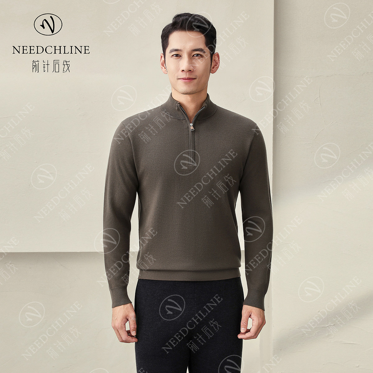 前针后线男士100%山羊绒半高领拉链加厚长袖男款秋冬保暖男装精纺