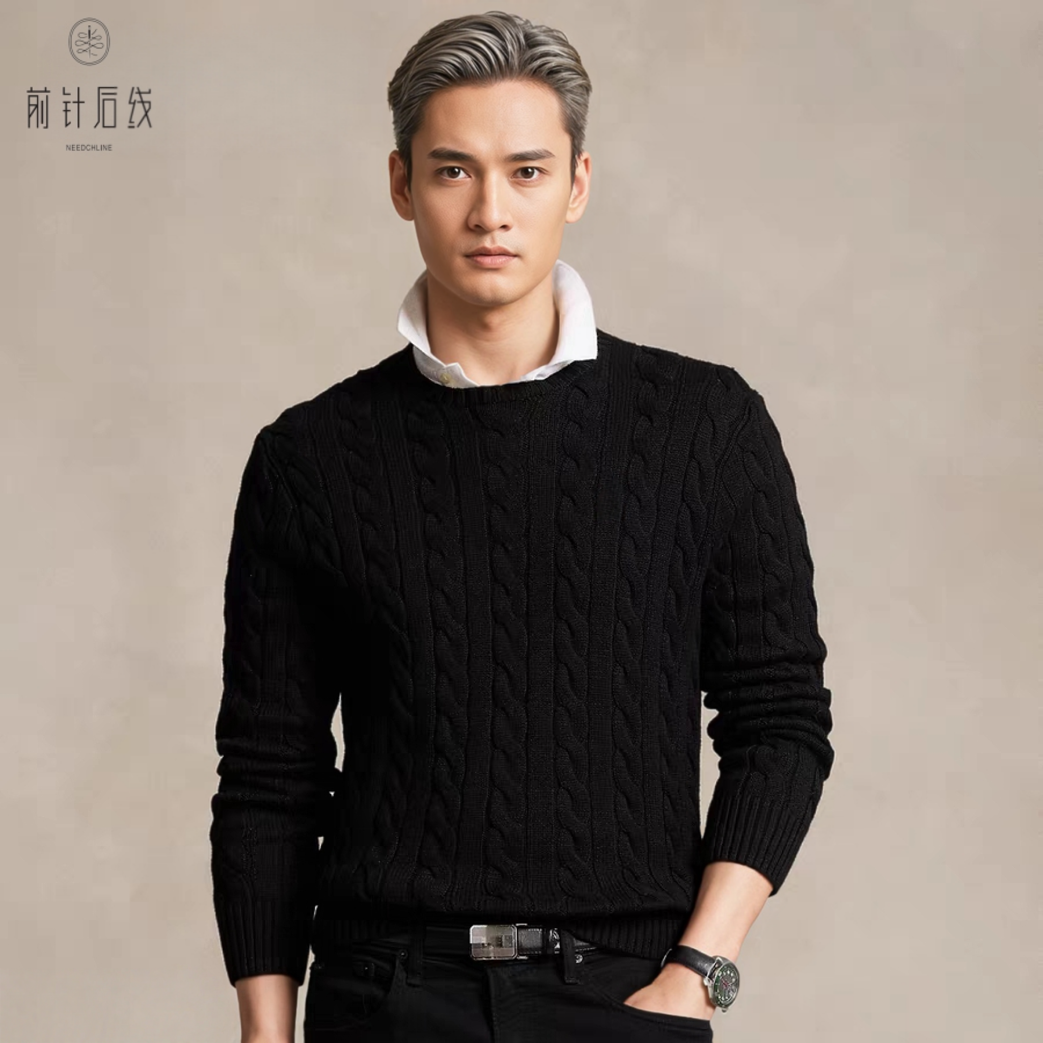 100%纯羊绒男士羊绒衫圆领长袖秋冬保暖针织绞花厚款商务纯色男款,男装,羊绒套衫,淘宝优惠券,粉丝福利购,淘宝优惠卷