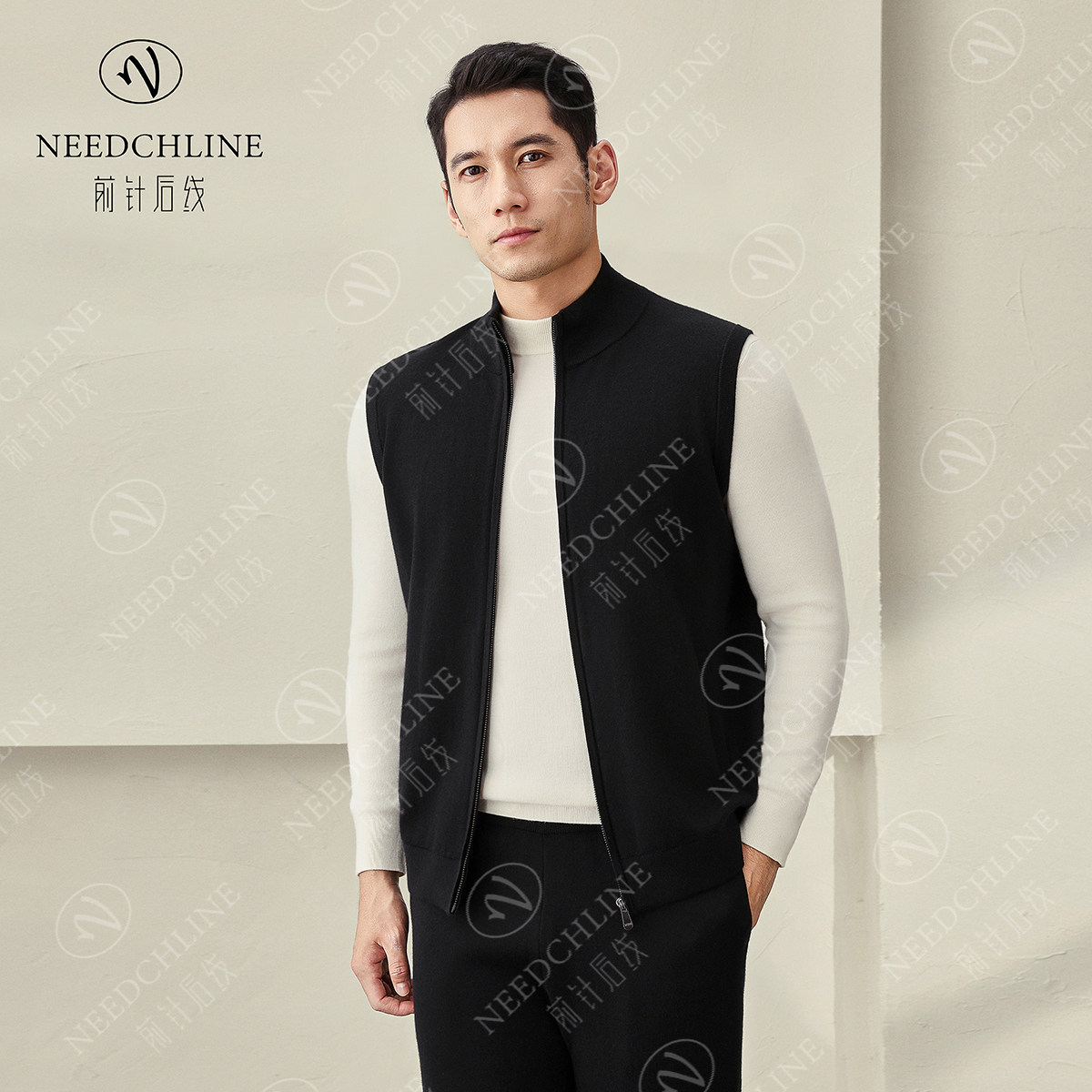 前针后线男士100%山羊绒立领马甲男款秋冬季保暖男装夹克外套精纺