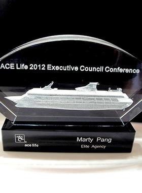 水晶商务内雕航母模型退伍纪念品扇形水晶工艺品商务办公室摆件