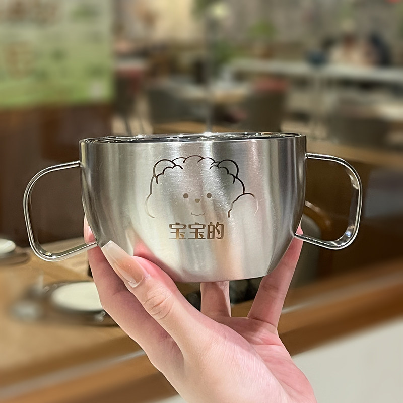 【进口品质220g】316不锈钢儿童碗双层带盖子双耳汤碗把手吃饭碗图片