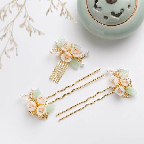 汉服头饰金色缠花簪子点缀全套海棠花u型小发钗古风套装