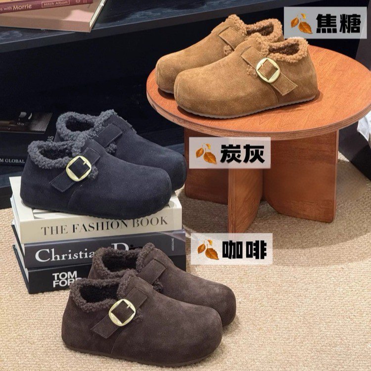 品牌内增高勃肯鞋女加绒秋冬保暖毛毛半拖外穿厚底博肯鞋