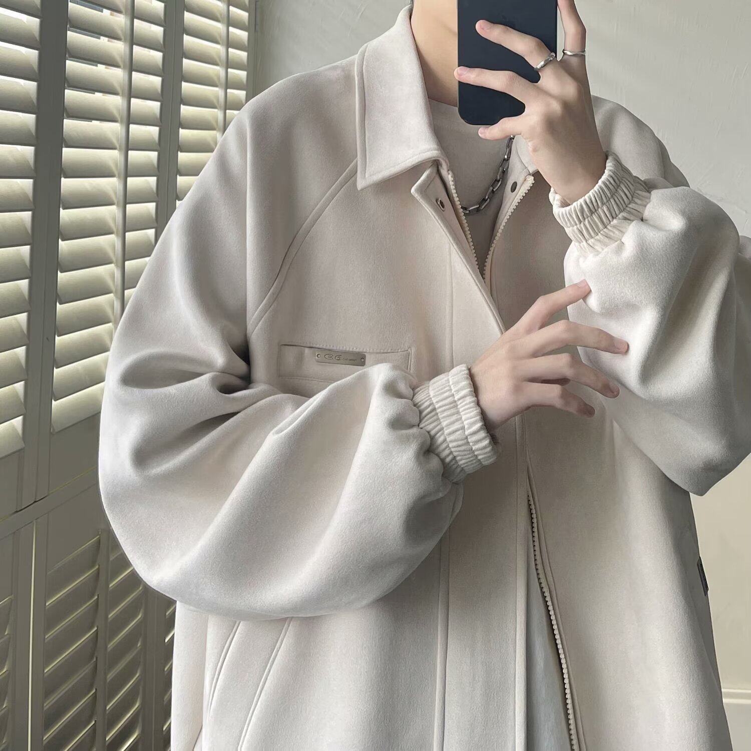 仿麂皮绒外套男款秋冬季加厚夹棉美式复古青少年百搭休闲情侣夹克