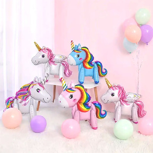 卡通立体3D彩虹独角兽铝膜气球发箍绶带翅膀儿童生日派对装饰道具