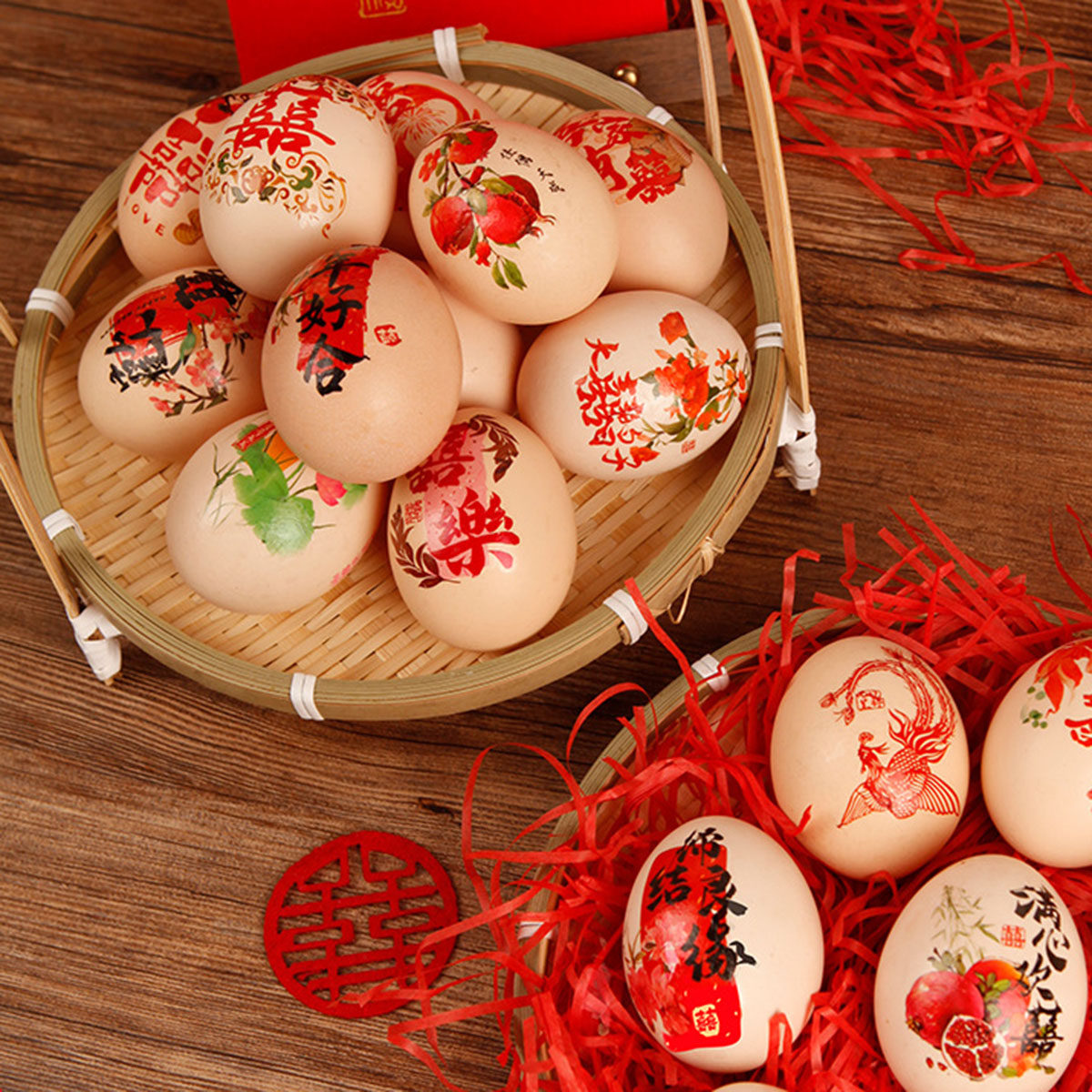 百日宴喜蛋贴鸡蛋贴纸宝宝周岁百日满月鸡蛋礼盒中式礼摆台装饰品
