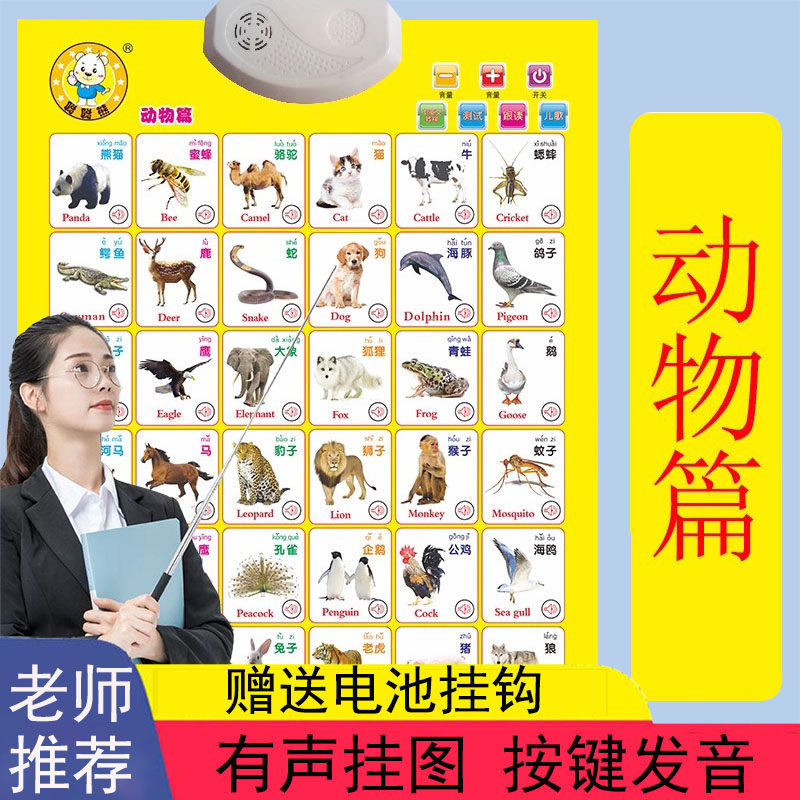 动物识字声音学龄前卧室带有声认物挂图儿童宝宝贴图记忆图片贴纸