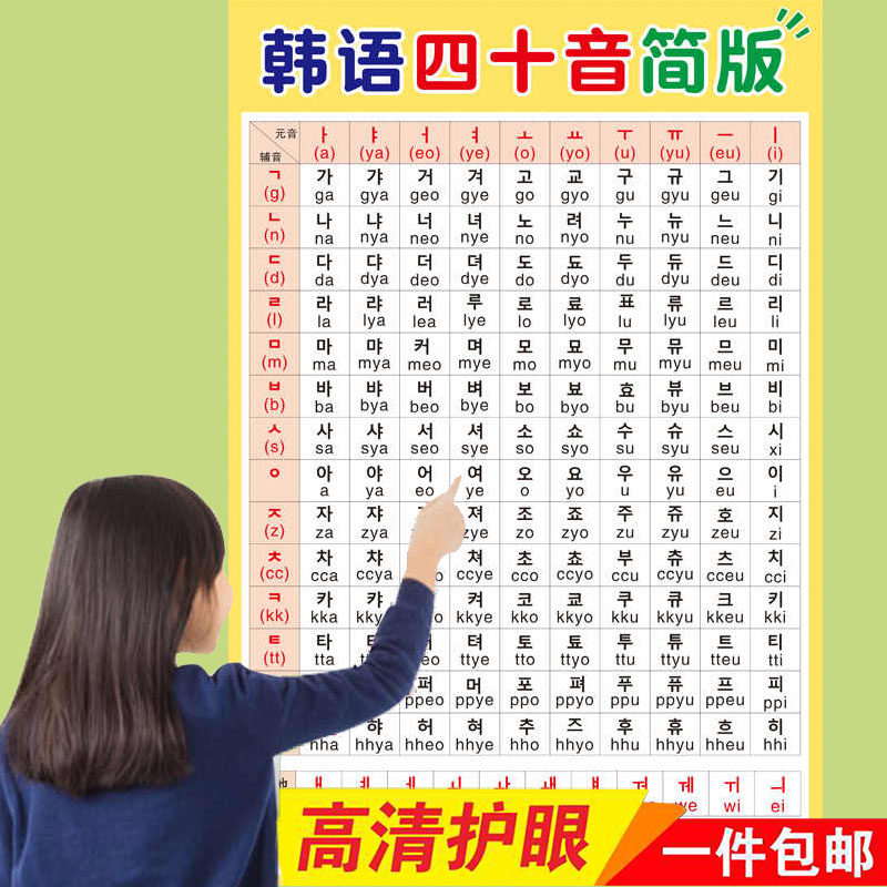 成人自学 朝鲜语 韩语 发音表 字母 无声挂图 学习 墙贴速记挂图