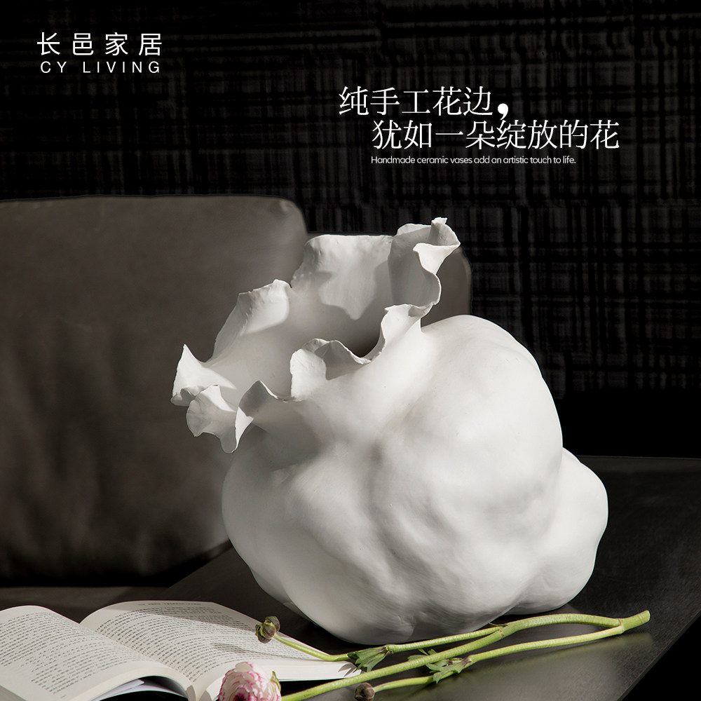 长邑简约现代陶瓷花瓶 手工素白花瓶适用于客厅台面花器 高级感轻