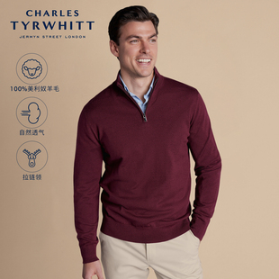 CT查特CHARLES TYRWHITT勃艮第酒红美利奴羊毛拉链领保暖男针织衫