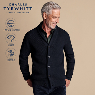 CHARLES TYRWHITT海军蓝美利奴羊毛披肩领羊毛男士保暖休闲开衫
