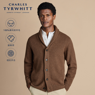 CHARLES TYRWHITT焦糖棕美利奴羊毛粗织披肩领男士保暖针织开衫