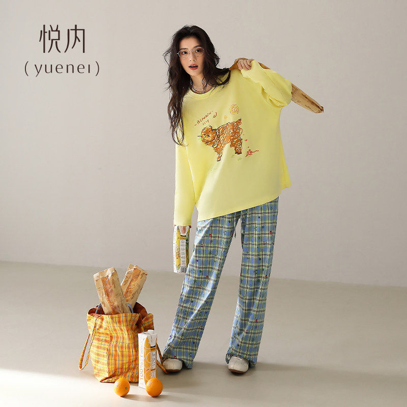 悦内睡衣女款春秋季春天纯棉长袖圆领家居服休闲大码卡通格纹套装,女士内衣/男士内衣/家居服,睡衣/家居服套装,淘宝优惠券,粉丝福利购,淘宝优惠卷