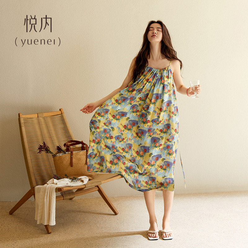 悦内带胸垫睡裙女睡衣夏季夏天冰丝绸吊带背心大码复古油画碎花裙