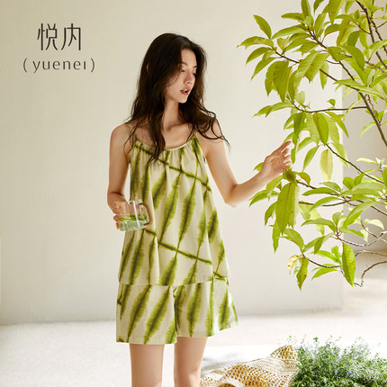 悦内带胸垫睡衣女夏季夏天莫代尔吊带背心短裤家居服时尚扎染套装