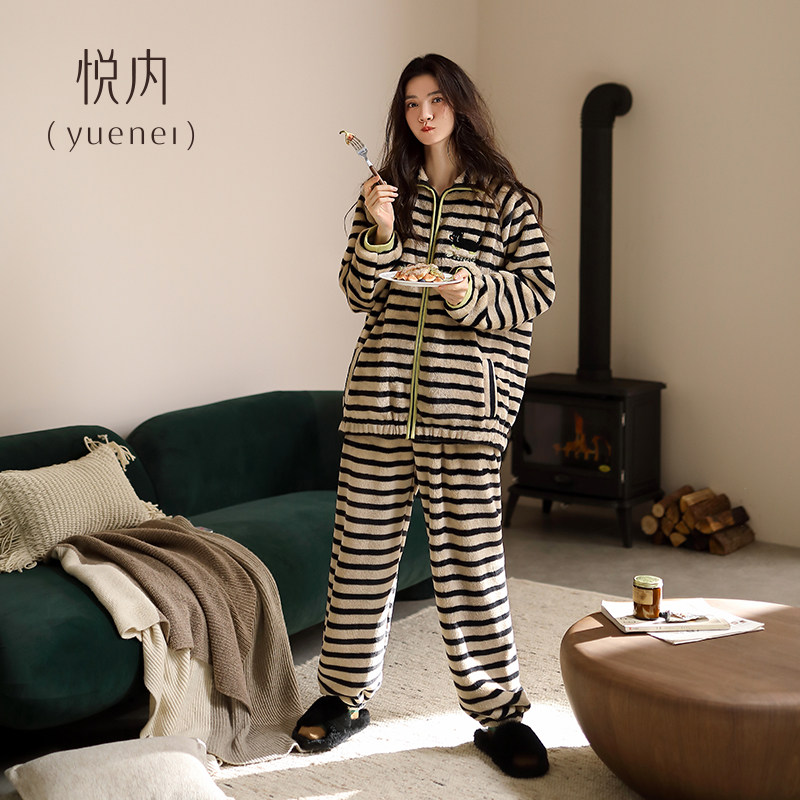 悦内睡衣女款冬季法兰绒加绒加厚珊瑚绒家居服冬天保暖可外穿条纹,女士内衣/男士内衣/家居服,睡衣/家居服套装,淘宝优惠券,粉丝福利购,淘宝优惠卷